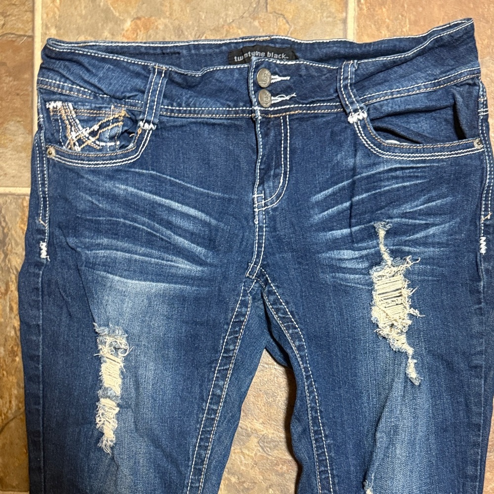 Women's Distressed Skinny Jeans - Dark Blue